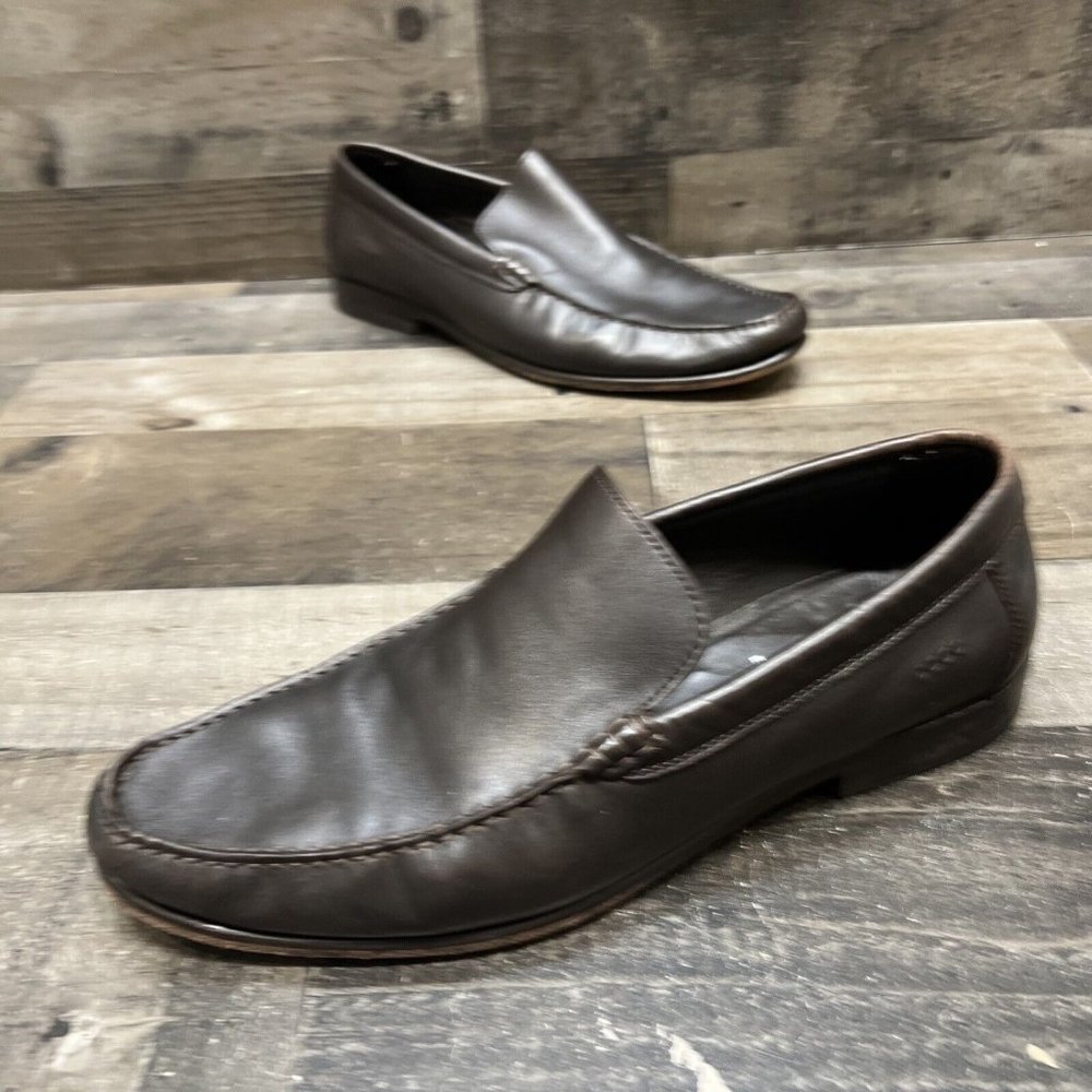 Ecco Mens Dark Brown Leather Slip On Loafer Dress Shoes Size 45 Extra Width